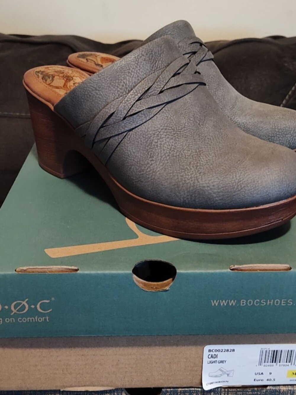 BOC (b.o.c.) Shoes CADI Light Grey Nubuck Braided Chunky Slip On Clog